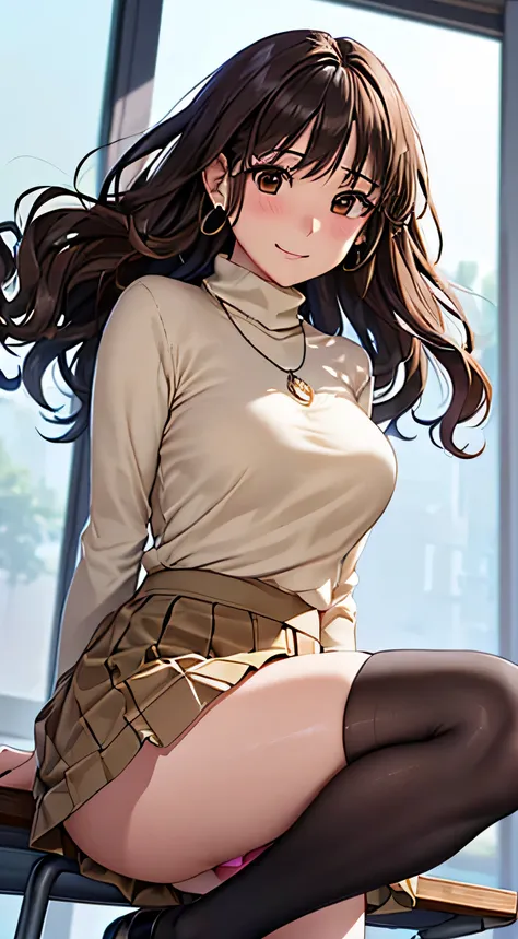 (table top, highest quality, High resolution, , perfect pixel, 4k,), 1 girl, single, alone, Beautiful woman、I could see the whole body、 ((wavy middle hair, bangs, brown hair)), ((brown eyes, beautiful eyelashes, realistic eyes)), ((detailed face, blush:1.2...