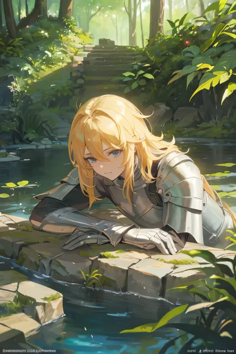 Siegfried, a majestic knight resting after a hard-earned victory, with sweat dripping from his chiseled features and dust covering his armor. (Zoomed in: 1.2), (serene landscape: 1.1), (dragon slaying: 1.1), your name, high angle, full frontal view, mythic...