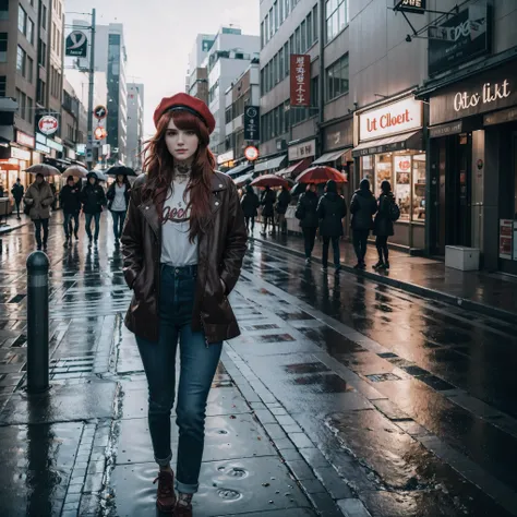 20 years old, gorgeous cute Irish Girl, Bella Thorne, smirk, freckles, polaroid photo, (dark skin:1.3), (medium red hair:1.6), Araffe woman wearing coat and hat standing on a rainy road, Standing at street, Standing in the rain, Standing at street, Standin...