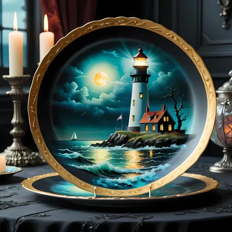 masterpiece in maximum 16k resolution, superb quality, close up of an elegant plate with an image of an eerie marine scene with ...