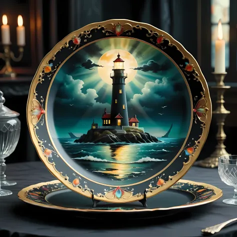 masterpiece in maximum 16k resolution, superb quality, close up of an elegant plate with an image of an eerie marine scene with ...