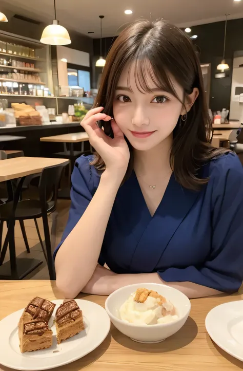 table top, highest quality, shape, Super detailed, finely, High resolution, 8k wallpaper, Perfect dynamic composition, 1 beautiful girl, finelyて美しい目, medium hair, normal breasts, natural color lip, random pose, smile, open your mouth:0.8, stylish cafe, 20 ...