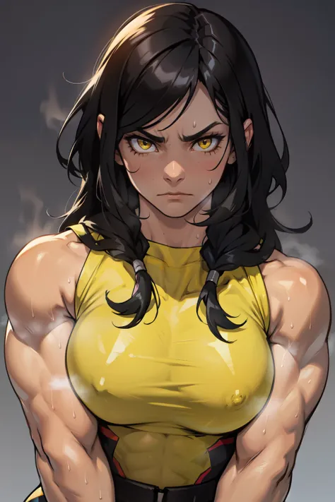 female muscular toned body muscles female solo long hair black hair yellow eyes pale skin upset sweaty shiny skin