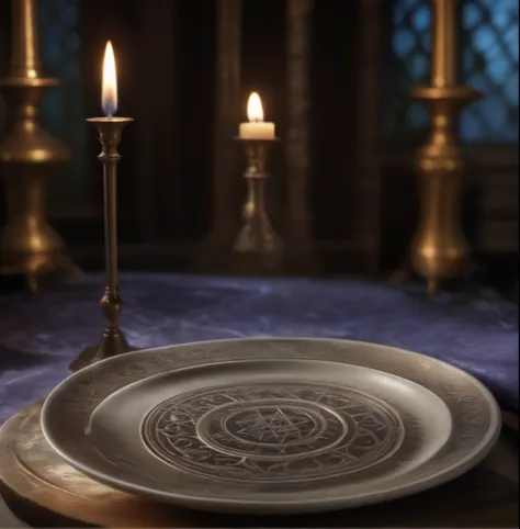 a plate with a pattern on it is placed on the table., spell casting, home wicca scene, spell casting wizard, cast a protection s...