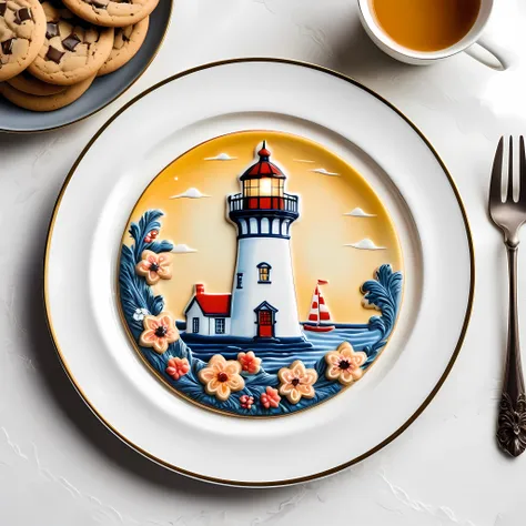 masterpiece in maximum 16k resolution, superb quality, close up of an elegant plate with a (((cookie with a printed lighthouse))...