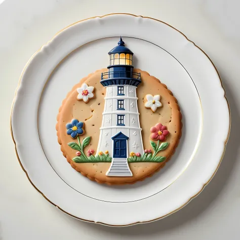 Masterpiece in maximum 16K resolution, superb quality, close up of an elegant plate with a (((cookie shaped as a lighthouse))), the cookie has playful design with floral accents, the plate is made of finest porcelain and positioned on an empty white table ...