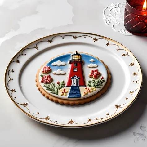 masterpiece in maximum 16k resolution, superb quality, close up of an elegant plate with a (((cookie shaped as a lighthouse))), ...