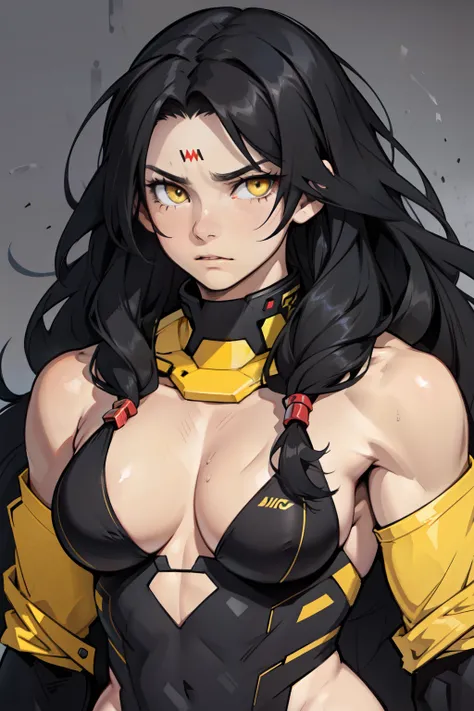 extremely long hair messy hair wavy hair black hair yellow eyes pale skin upset muscular girl muscular girl muscular girl best quality best quality best quality female