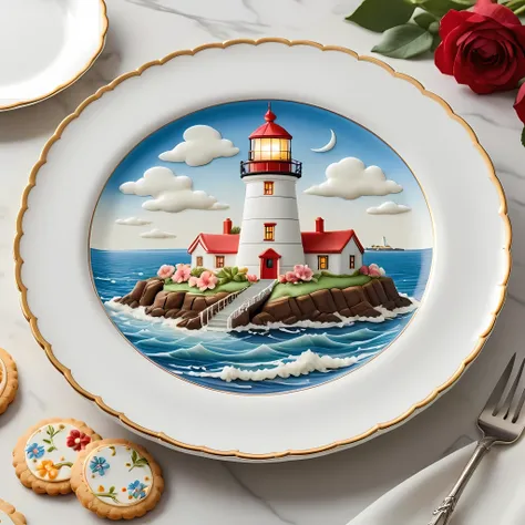 Masterpiece in maximum 16K resolution, superb quality, close up of an elegant plate with a (lighthouse cookie:1.3), the cookie has playful design with floral accents, the plate is made of finest porcelain and positioned on an empty white table with gothic ...