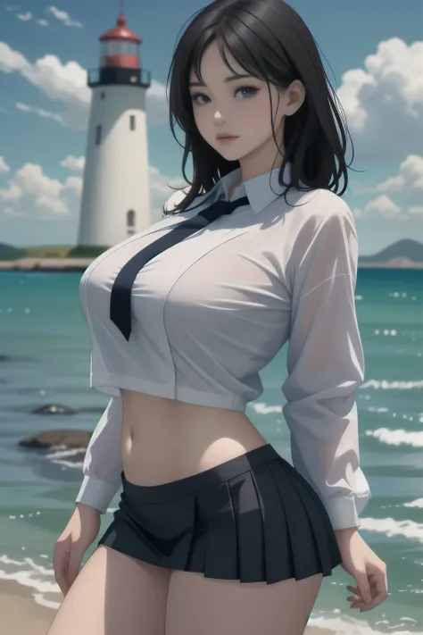 (A captivating beauty in a miniskirt)、(poses seductively)、(with a lighthouse as the backdrop)、(Big-breasted woman wearing a crop shirt) This enchanting image features a woman in a miniskirt who exudes confidence as she poses seductively against the backdro...