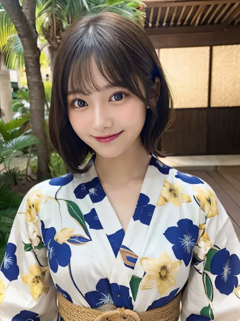 table top, highest quality, shape, Super detailed, finely, High resolution, 8k wallpaper, 完璧なダイナミックな構shape, finelyて美しい目,bob hair, natural color lip, random,smile,20 year old girl、stand、yukata、whole body