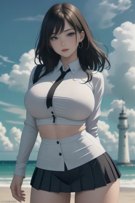 (A captivating beauty in a miniskirt)、(poses seductively)、(with a lighthouse as the backdrop)、(Big-breasted woman wearing a crop shirt) This enchanting image features a woman in a miniskirt who exudes confidence as she poses seductively against the backdro...