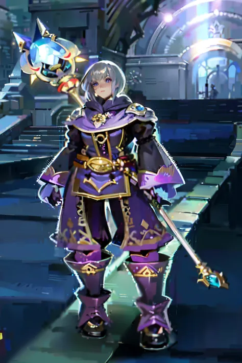 a close up of a person in a purple outfit holding a rod, dark purple robes, sleek purple armor, young shadow mage female, wearing dark purple armor, purple armor, fantasy outfit, ornate attire, cloud white haired mage robes, skinny white haired female mage...