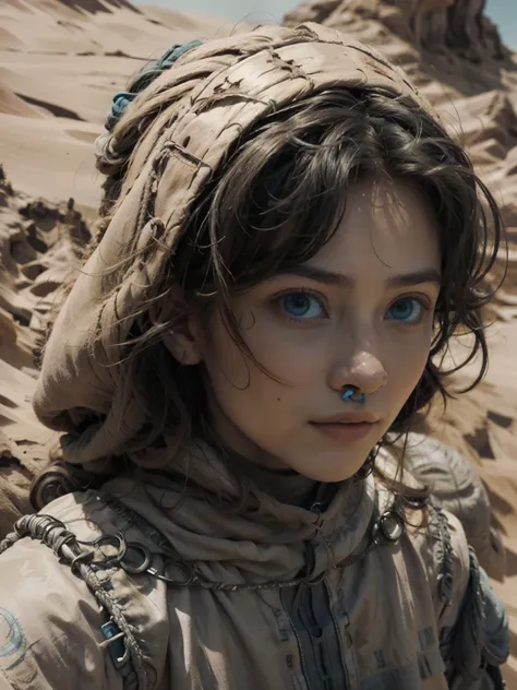 magnifique jeune femme, 25 ans, en costume de Fremen, univers de Dune de Frank Herbert, in the desert, lots of dust in the air, fond des yeux bleus, yeux bleus, (completely blue eyes), corps en entier, full body