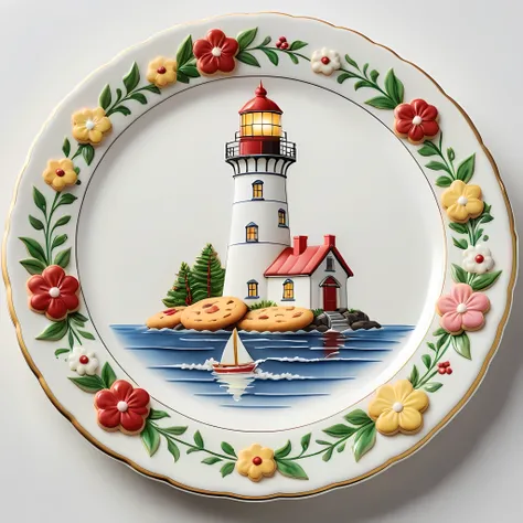 Masterpiece in maximum 16K resolution, superb quality, close up of an elegant plate with a cookie shaped as a lighthouse, the cookie has playful design with floral accents, the plate is made of finest porcelain and positioned on an empty white table with g...