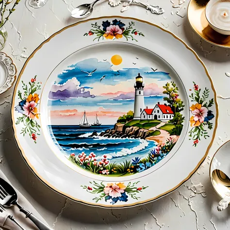 masterpiece in maximum 16k resolution, superb quality, close up of an elegant plate with an image of a marine scene with a light...