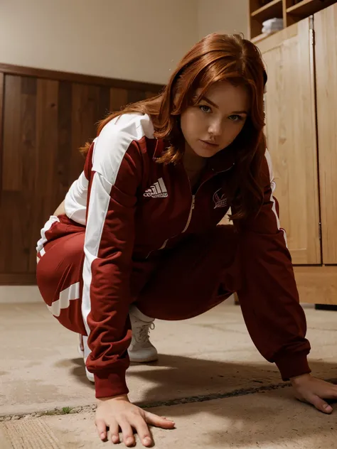 Thick redhead girl, wearing sexy track suit, bending over