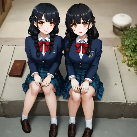 highest quality, (masterpiece:1.2), very detailed, Two girls are sitting around the viewer, Glossy lips that make you want to kiss, nice smile, brown eyes, (((black hair))), 15 years old, long braids, big shiny hair clip, school uniform, Dark blue and navy...