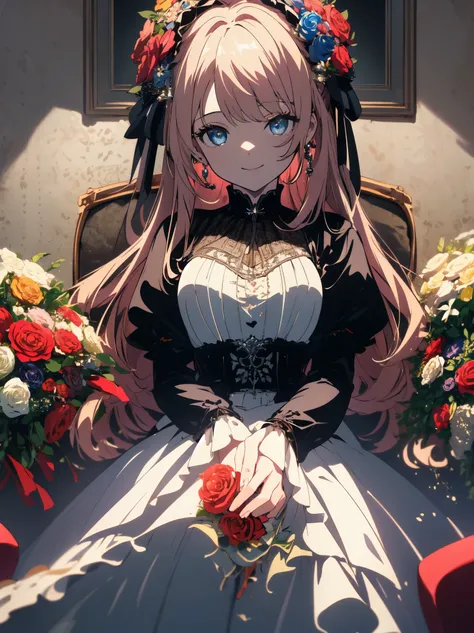 ((masterpiece)), ((highest quality)), ((High resolution)), ((very detailed、 8k wallpaper)), girl、(Shining eyes)、lolita dress、best smile、make a heart with both hands、bouquet、beautiful anime