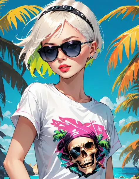 Illustration T-shirt, 1 female、alone、(((The strongest pirate girl in history)))、((incredibly absurd))、 (((The most beautiful pirate girl of all time))), (((Stylish sunglasses))), lips in love, white skin, pirate bandana, skull fashion,neon、short cut hair、s...