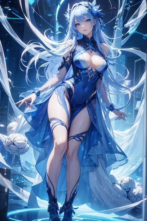 full body figure, Seven - Cling Shooting, 18-year-old, Wearing transparent science fiction clothing, exquisite face, detailed, hand, ultimate detailed, amazing beauty, LED interior lighting, pedai bread style, fiber hair, Glowing blue iris, Glowing blue ir...