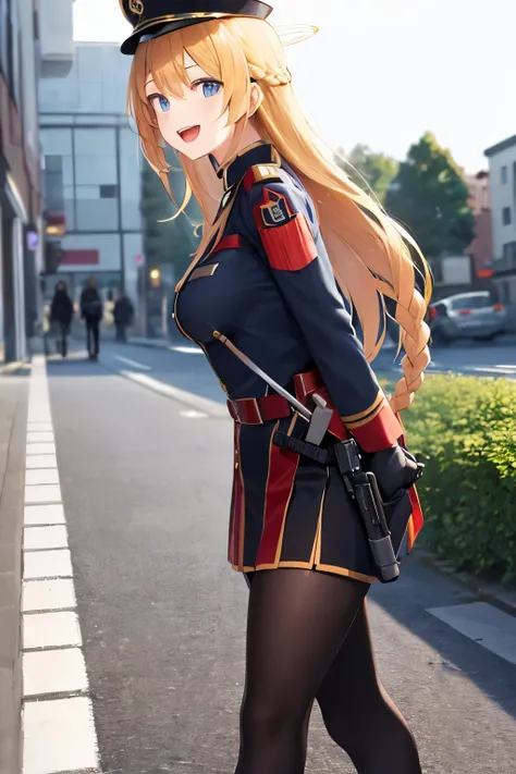 ((highest quality)), ((masterpiece)), (be familiar with),((perfect face)),(( black military uniform with red lineilitary cap、official hat)),((The hairstyle is long braided hair.)),((blonde)),((halo)),((holster on right hip)),((woman)),((skirt tights)),((Sm...