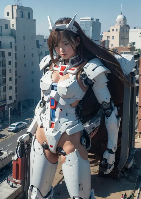 (((RAW image quality:1.4))), ((A giant mechanical woman much bigger than a skyscraper:1.4)), 14 years old, beautiful顔, rough skin, Super detailed, advanced details, high quality, 最high quality, High resolution, 1080p, hard disk, beautiful,((White Gundam:1....