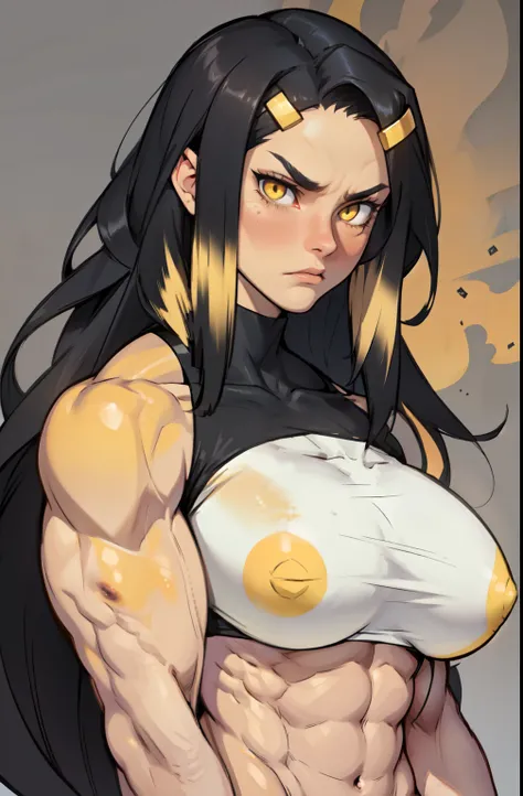 (((((1 girl))))) angry very long hair pale skin black hair yellow eye ((((muscular toned body)))) solo huge breasts