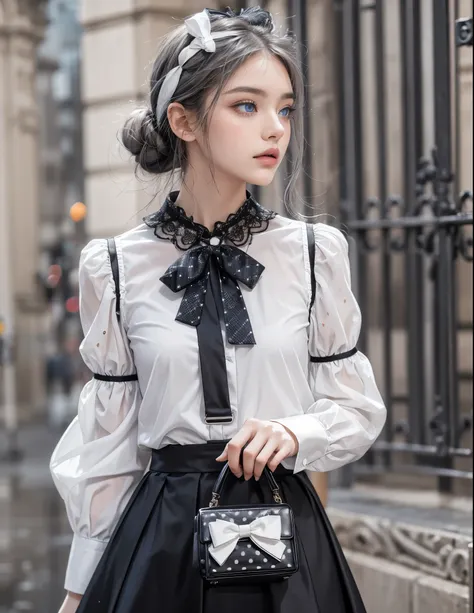 mode fashion collection, ultra detailed, beautiful, masterpiece, best quality, _ BREAK Beautiful perfect model, 22 Age, 165 cm, Tightened all body, Perfect and beautiful legs, gray hair, Brightly colored eyes, Diteled face, dropy eyes, Double eyelid, light...