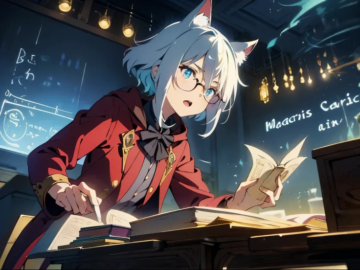 masterpiece, A world where magic and technology coexist, man with cat ears(gray hair, short hair) ，boy，Hone your skills、Let&#39;s go on a journey to uncover the secrets of power.., beautiful eyes、depicted in detail. The magician makes the most of the poten...