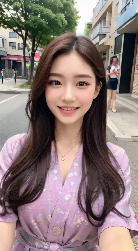 ((highest quality, 8k, masterpiece :1.3)), 1 girl, smile, whole body, slim face, Beautiful woman, (dark brown hair), super detailed face, fine eyes, double eyelid, blur background, slim face, city, outside, street,yukata、whole body