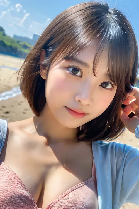 (8K, Photoreal, Raw photo, best image quality), Japanese high school girl、(random hairstyle)、cleavage、eye for details、double eyelid、Beautiful woman、light brown hair、highest quality、masterpiece、Fuming、thin、short haired、micro bikini、Beach、Full Body Shot