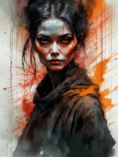 Por favor gerar 1 bela mulher, beleza abstrata Fantomas, looking at the camera, approaching perfection, dynamic, vermelho preto e laranja cores, altamente detalhado, pintura digital, art station, arte conceitual, foco afiado, illustration, arte de Carne Gr...