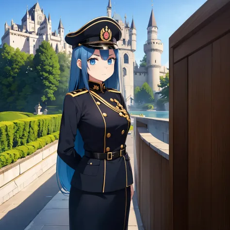 A girl with long weak blue hair, blue eyes, kawaii face, wearing black Prussian military uniform with gold details, wearing black military hat, outside a castle
