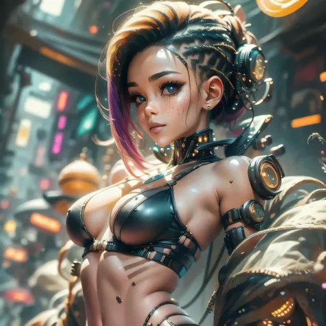 (full body: 1.2), Beautiful Cyber punk girl 2077, 18 years old, fit and attractive body. "What are the implications of integrating human bodies with various cyborg mechanical implants?" The image must be high-quality 8k resolution and use advanced renderin...