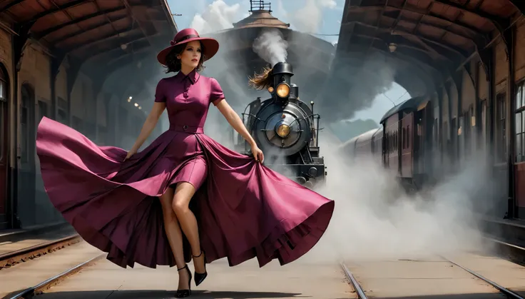 (Kate Beckinsale) (27 anos) com vestido Magenta, The skirt is long to the floor and wearing a hat, encostado em um trem, in a train station like in the 1940s, Locomotive with smoke in the center、Farol、Japan Field、film set、Ghibli、lua grande、nuvens,mesa,melh...