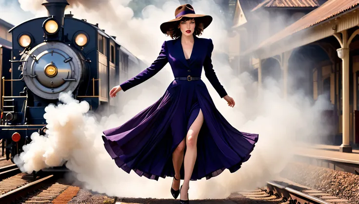 (Milla Jovovich) (27 anos) com vestido Ametista Escuro, The skirt is long to the floor and wearing a hat, encostado em um trem, in a train station like in the 1940s, Locomotive with smoke in the center、Farol、Japan Field、film set、Ghibli、lua grande、nuvens,me...