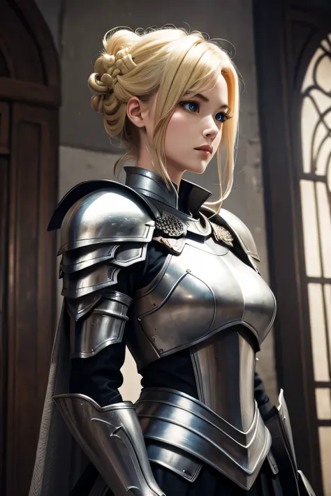 white armor、beautiful female holy knight、(((blonde updo)))、((whole body))、(((photo taken from below)))、city