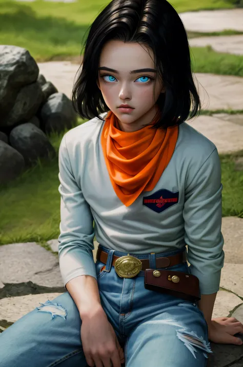 (masterpiece), best quality, expressive eyes, perfect face, highres, 1 boy, solo, android 17 , (male body:1.3), blue eyes, black...