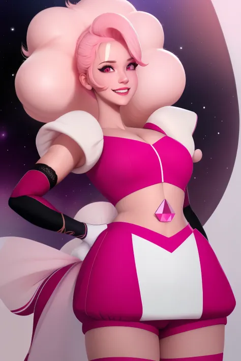 pnkdamond, pink hair, pink eyes,  big hair,  stomach gem,  pink skin,  toned, 
puffy short sleeves, elbow gloves ,  white thighhighs,   puffy dress, 
standing, upper body, 
 outerspace,  
(insanely detailed, beautiful detailed face,beautiful detailed eyes,...