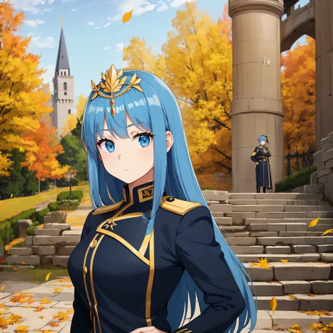 A girl with long weak blue hair, blue eyes, kawaii face, wearing black Prussian military uniform with gold details, wearing Greek Goddess Tiara Crown With Golden Leaves head, outside a castle
