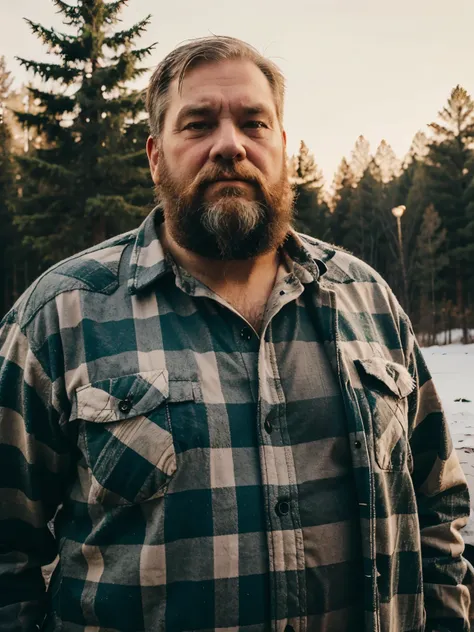 Fat, bearded, old, tall man in lumberjack clothes