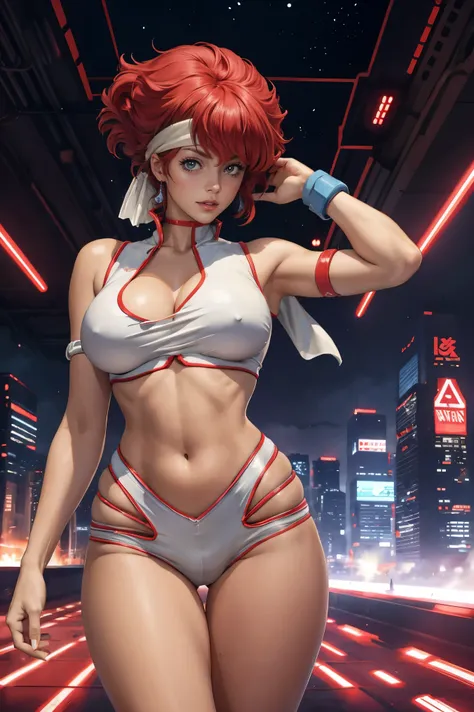 skinny Kei from The Dirty Pair wearing a tight white outfit, medium breast, red hair beauty, cyberpunk city background, holding retro space-gun, green headband, slim waist, slim thighs, skinny thighs, thin thighs, slender thighs, thigh gap, thigh gap, 