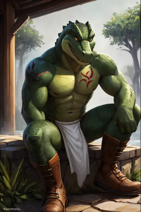 quarter view, close up view, looking at viewer, third person view, sitting on stone wall near pool of water, a beautiful and detailed portrait of a anthromorphic male alligator, (green scales, green skin, red tattoos on body), ((tribal)), scalie, brown boo...