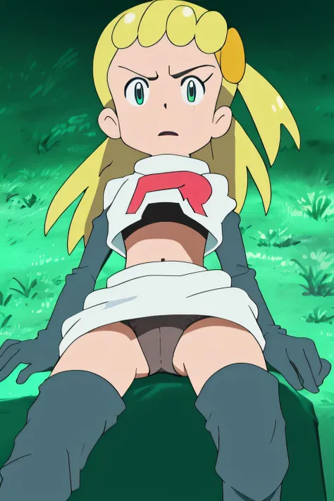 8k, anime screencap,1girl in, (Solo:1.2), (Perfect body:1.1), (Best Quality:1.1),team rocket,team rocket uniform,red letter R, white skirt,crop top, black thigh-highs,black elbow gloves,, ooking at viewer, Bonnie,masterpiece, best quality, highres,8k,1girl...