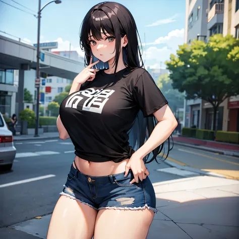 straight black hair small breasts t-shirt shorts huge ass flaunting outdoor