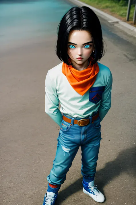 (masterpiece), best quality, expressive eyes, perfect face, highres, 1 boy, solo, android 17 , (male body:1.3), blue eyes, black short hair,parted hair,short hair, black shirt, jeans, layered shirt, white sleeves,orange bandana, blue sneakers, green socks,...