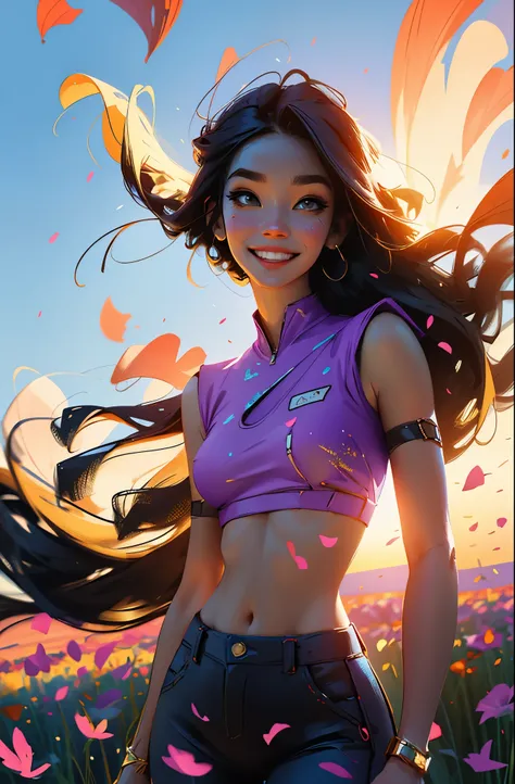 award winning digital art, half body portrait of a beautiful woman in a purple yellow blue white crop top and cargo pants with navy blue teal hairstyle with head in motion and long hair flying, big smile, in a flower field, golden sunset, particles dust, g...