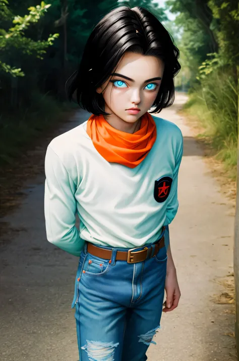 (masterpiece), best quality, expressive eyes, perfect face, highres, 1 boy, solo, android 17 , (male body:1.3), blue eyes, black short hair,parted hair,short hair, black shirt, jeans, layered shirt, white sleeves,orange bandana, blue sneakers, green socks,...