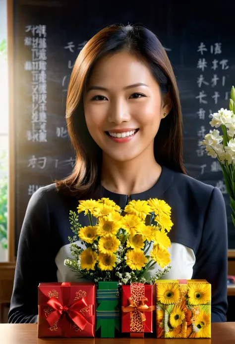 (number art,Realistic,Lifelike)，1 smiling oriental female teacher in the classroom,flowers and gifts,(Chiaroscuro,Ray Tracing)